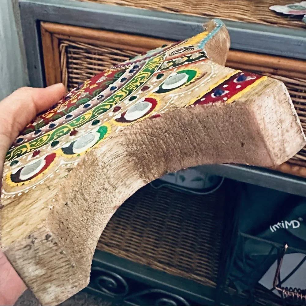 Vintage Hand Painted Wooden Elephant Bohemian Pencil Holder Tabletop Decor